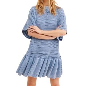 FREE PEOPLE - Sistine Crochet Knit Oversized Mini Dress Indigo Blue Sz XS